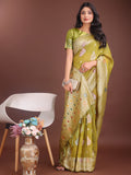 Anaita Mustard Linen Cotton With Jacquard Work And Zari Weaving Saree With Blouse | Grocsy
