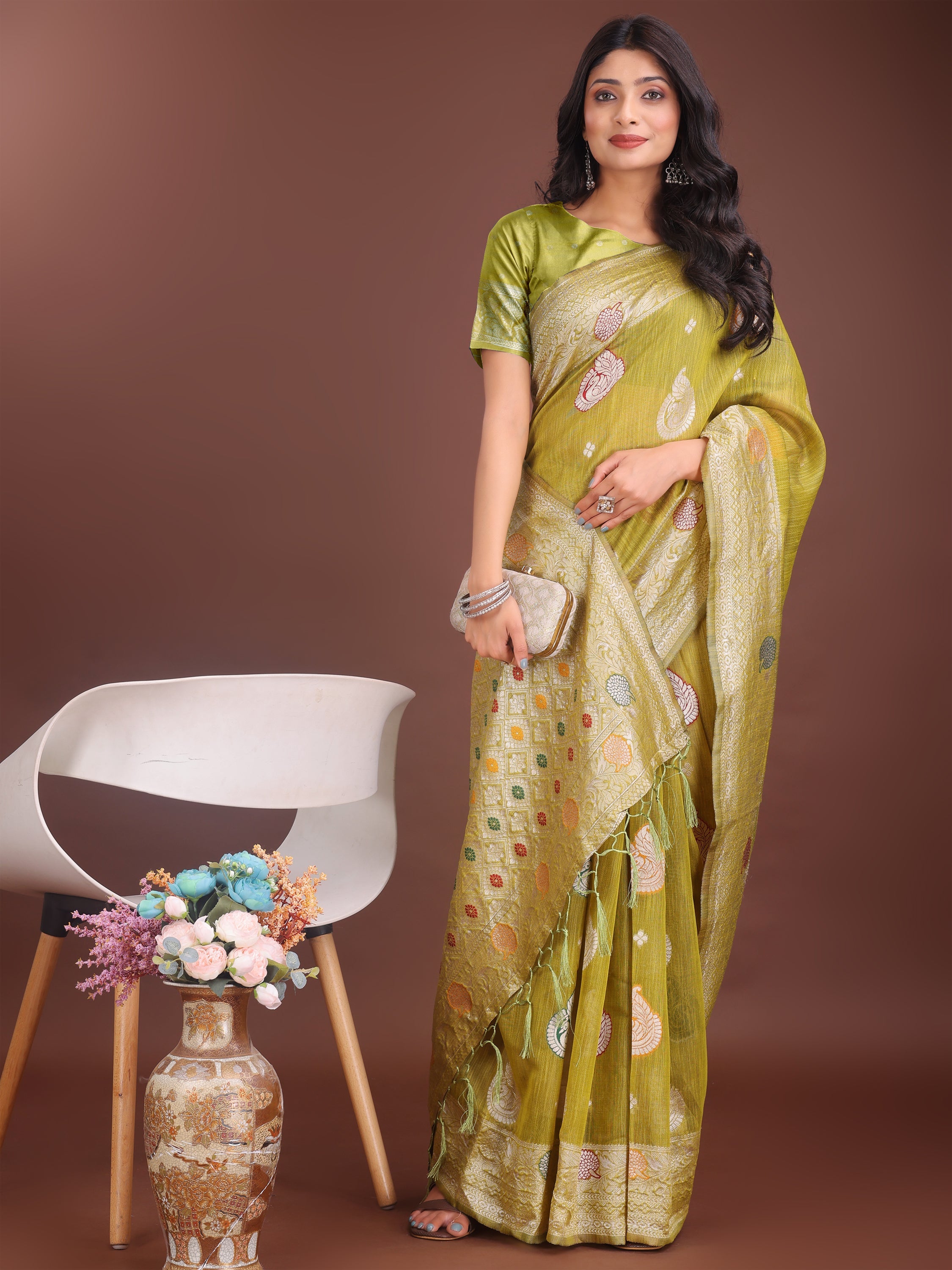 Anaita Mustard Linen Cotton With Jacquard Work And Zari Weaving Saree With Blouse | Grocsy