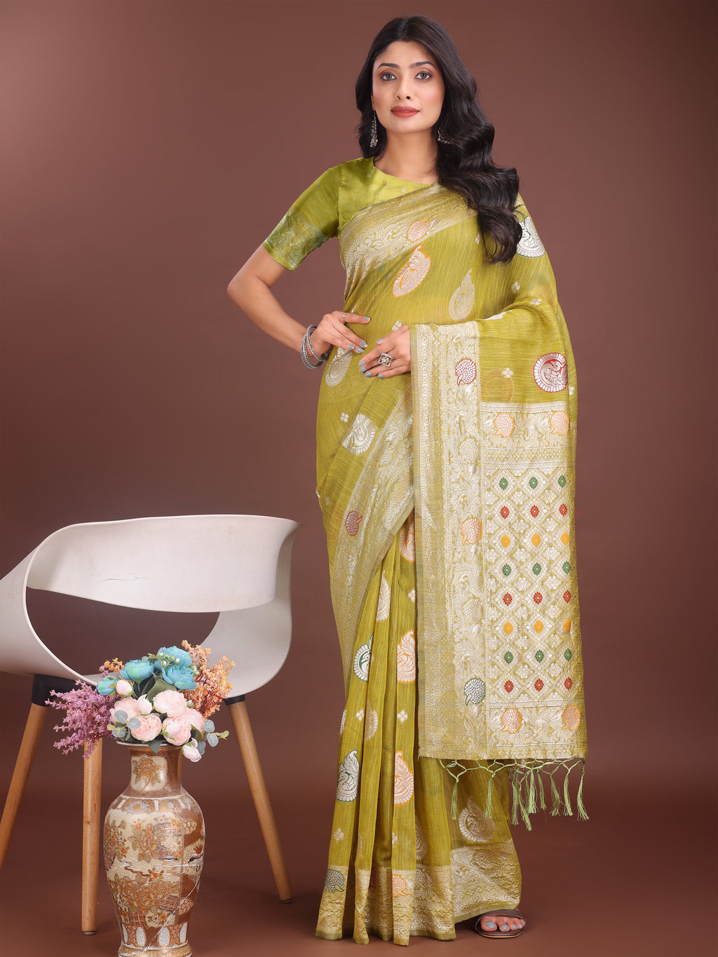 Anaita Mustard Linen Cotton With Jacquard Work And Zari Weaving Saree With Blouse | Grocsy