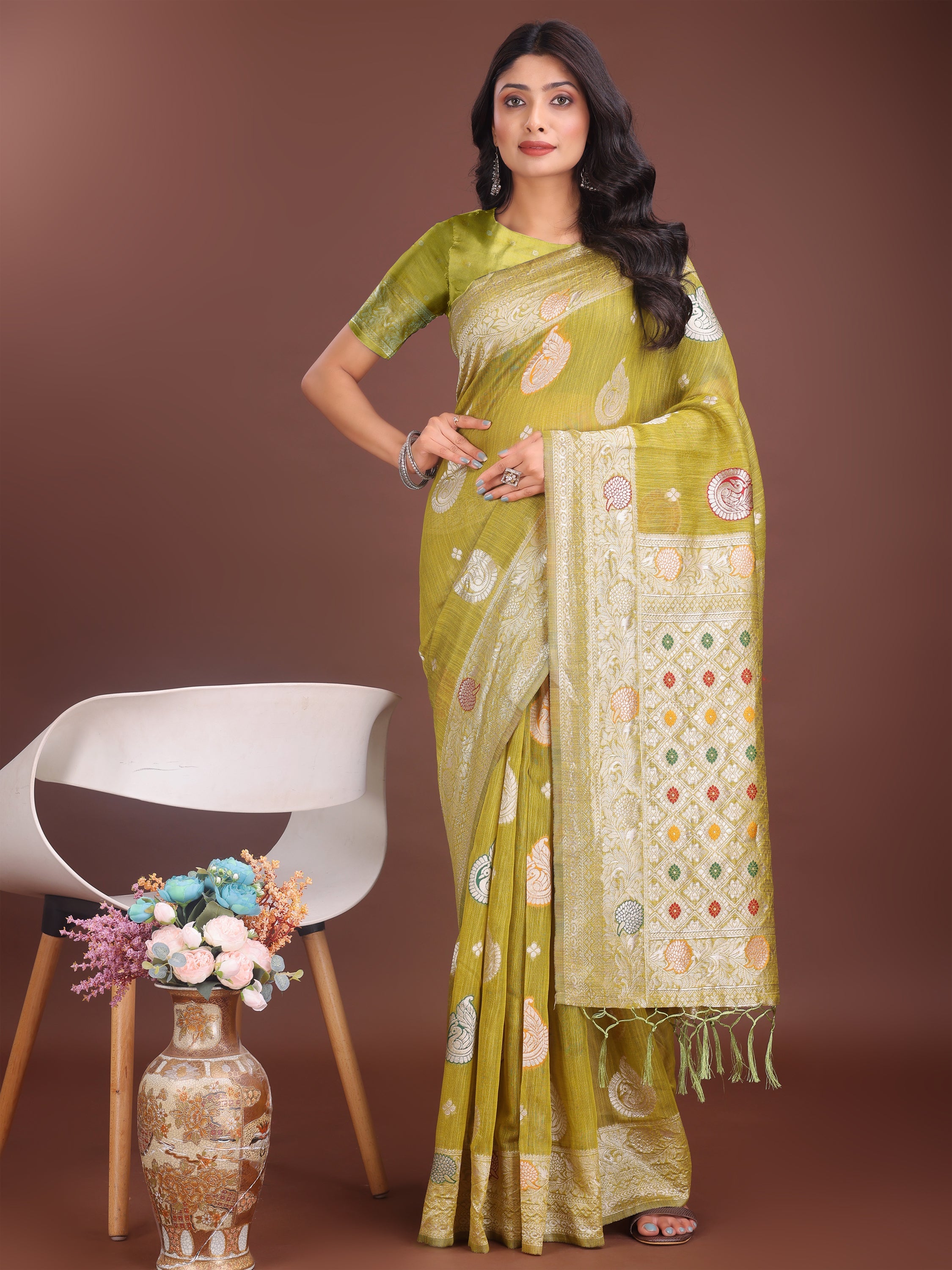 Anaita Mustard Linen Cotton With Jacquard Work And Zari Weaving Saree With Blouse | Grocsy