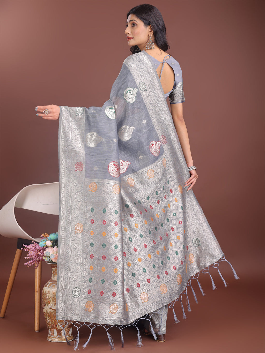 Anaita Grey Linen Cotton With Jacquard Work And Zari Weaving Saree With Blouse | Grocsy