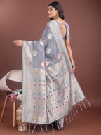 Anaita Grey Linen Cotton With Jacquard Work And Zari Weaving Saree With Blouse | Grocsy