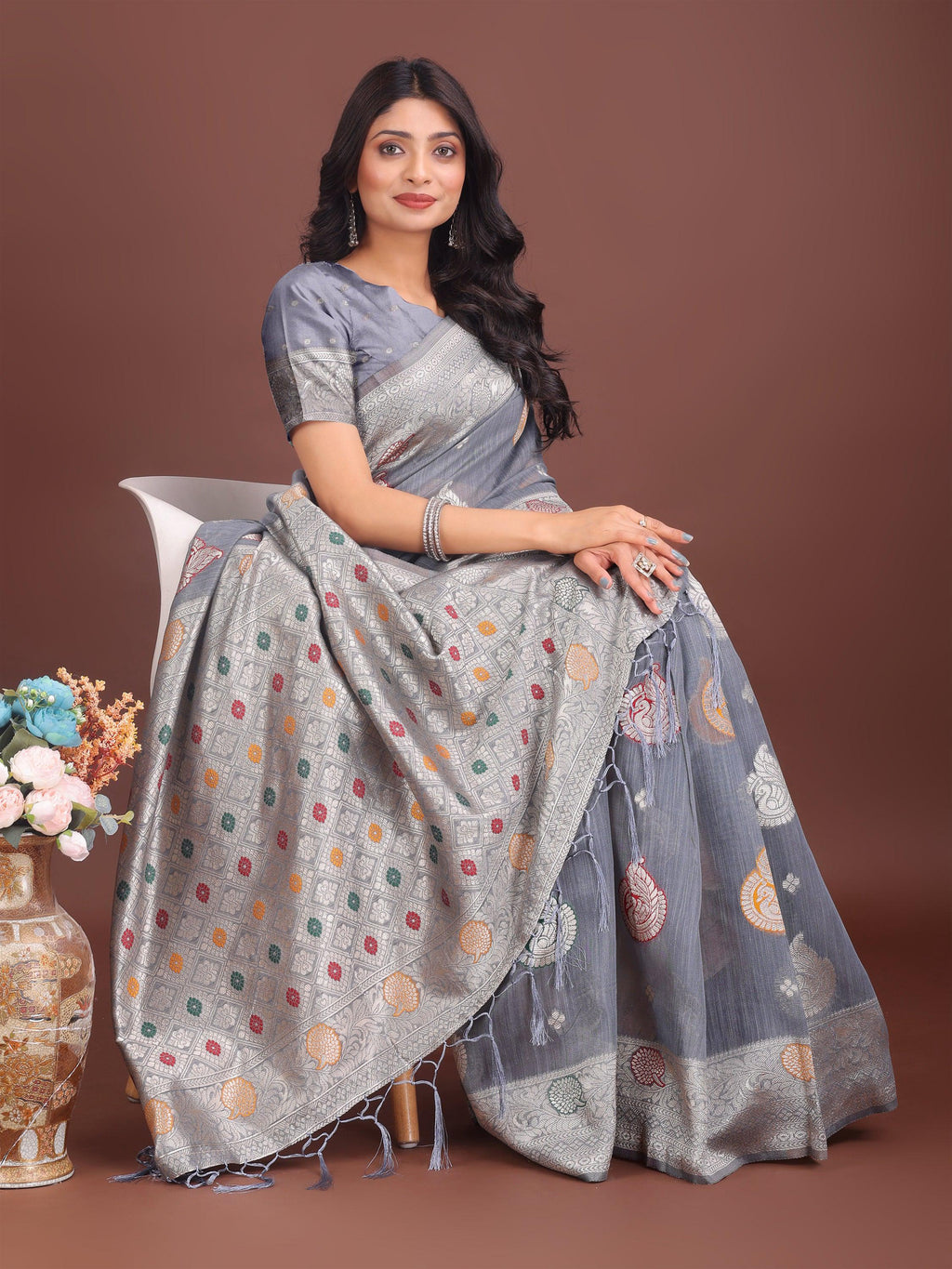 Anaita Grey Linen Cotton With Jacquard Work And Zari Weaving Saree With Blouse | Grocsy