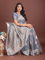 Anaita Grey Linen Cotton With Jacquard Work And Zari Weaving Saree With Blouse | Grocsy