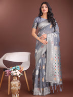 Anaita Grey Linen Cotton With Jacquard Work And Zari Weaving Saree With Blouse | Grocsy