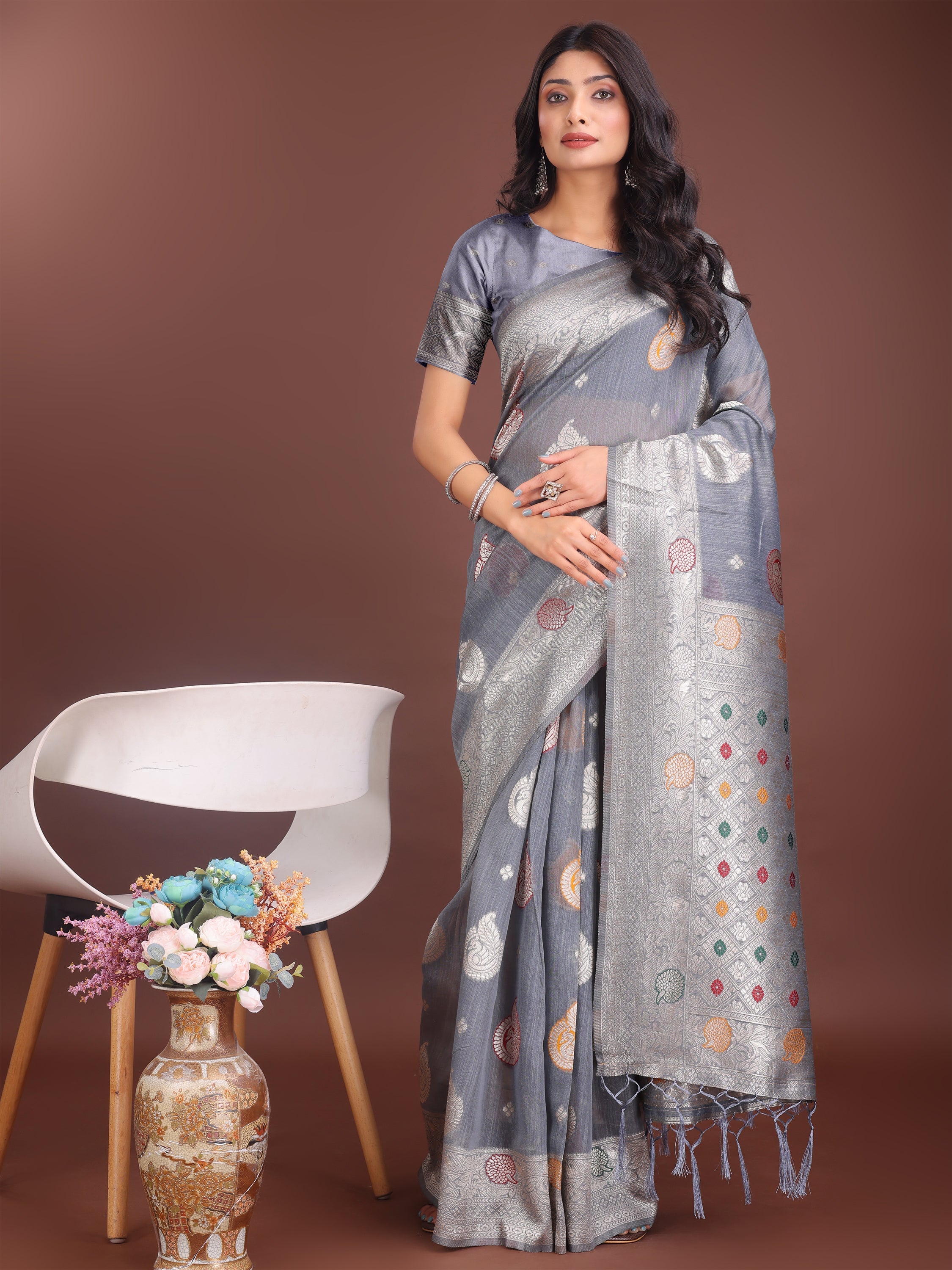 Anaita Grey Linen Cotton With Jacquard Work And Zari Weaving Saree With Blouse | Grocsy