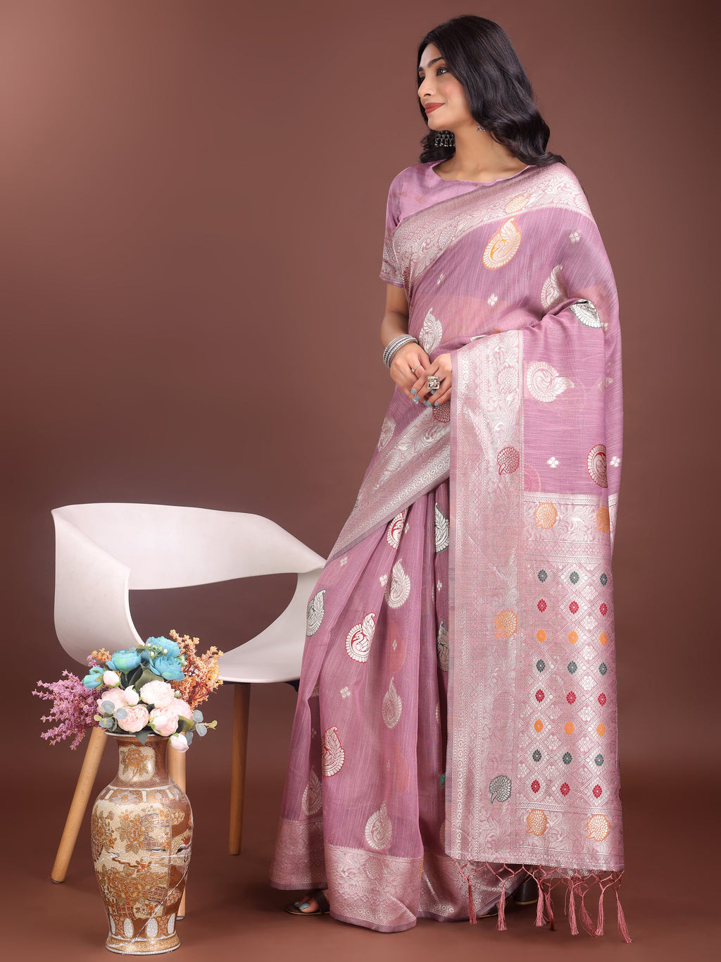 Anaita Purple Linen Cotton With Jacquard Work And Zari Weaving Saree With Blouse | Grocsy