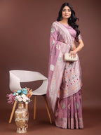 Anaita Purple Linen Cotton With Jacquard Work And Zari Weaving Saree With Blouse | Grocsy