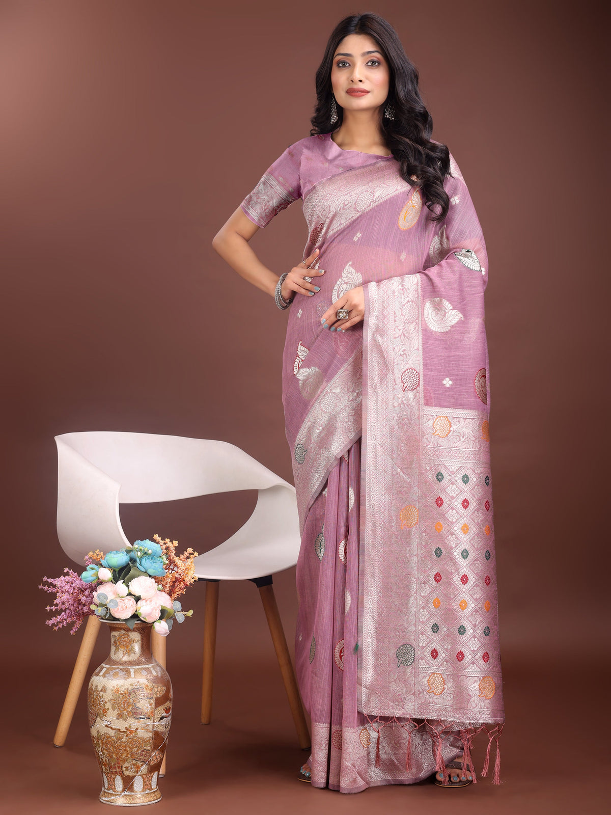 Anaita Purple Linen Cotton With Jacquard Work And Zari Weaving Saree With Blouse | Grocsy