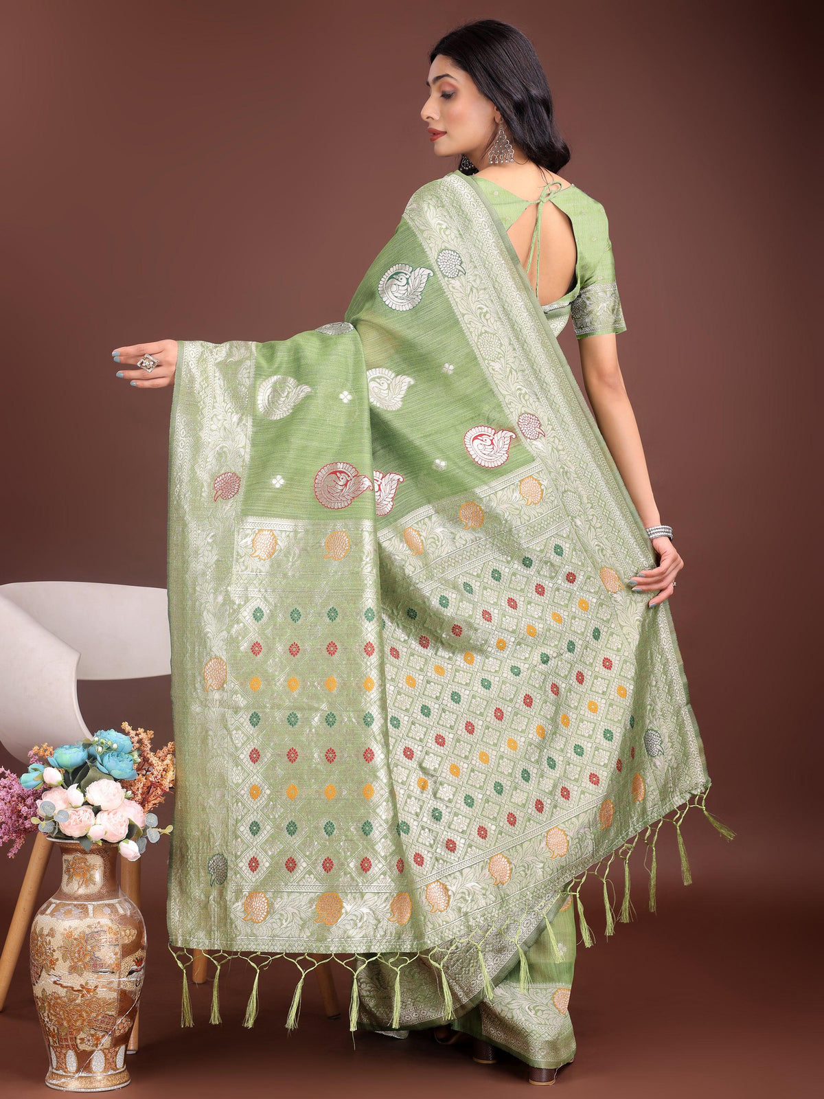 Anaita Light Green Linen Cotton With Jacquard Work And Zari Weaving Saree With Blouse | Grocsy