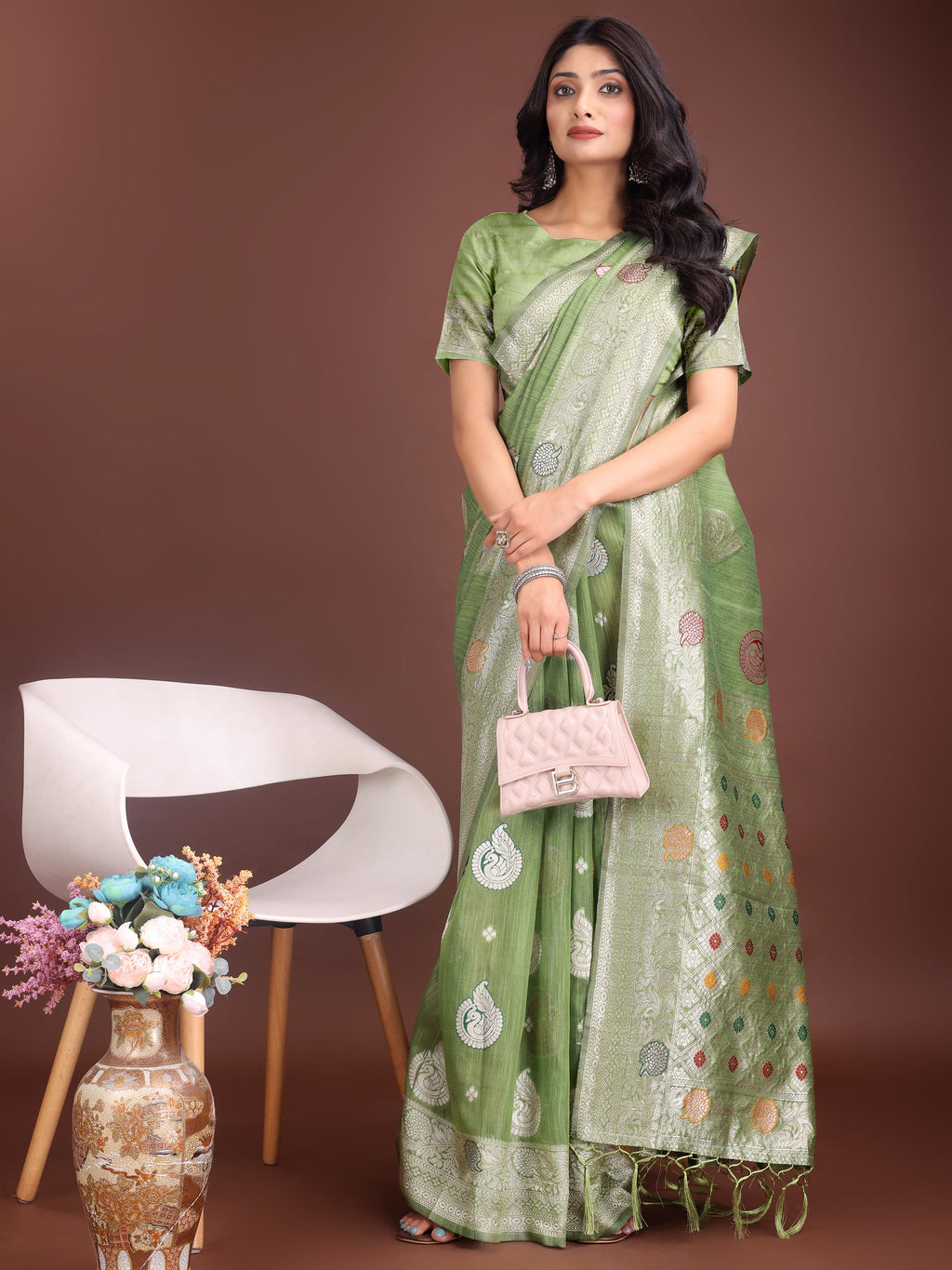 Anaita Light Green Linen Cotton With Jacquard Work And Zari Weaving Saree With Blouse | Grocsy