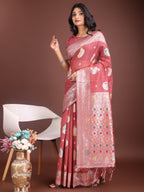 Anaita Pink Linen Cotton With Jacquard Work And Zari Weaving Saree With Blouse | Grocsy