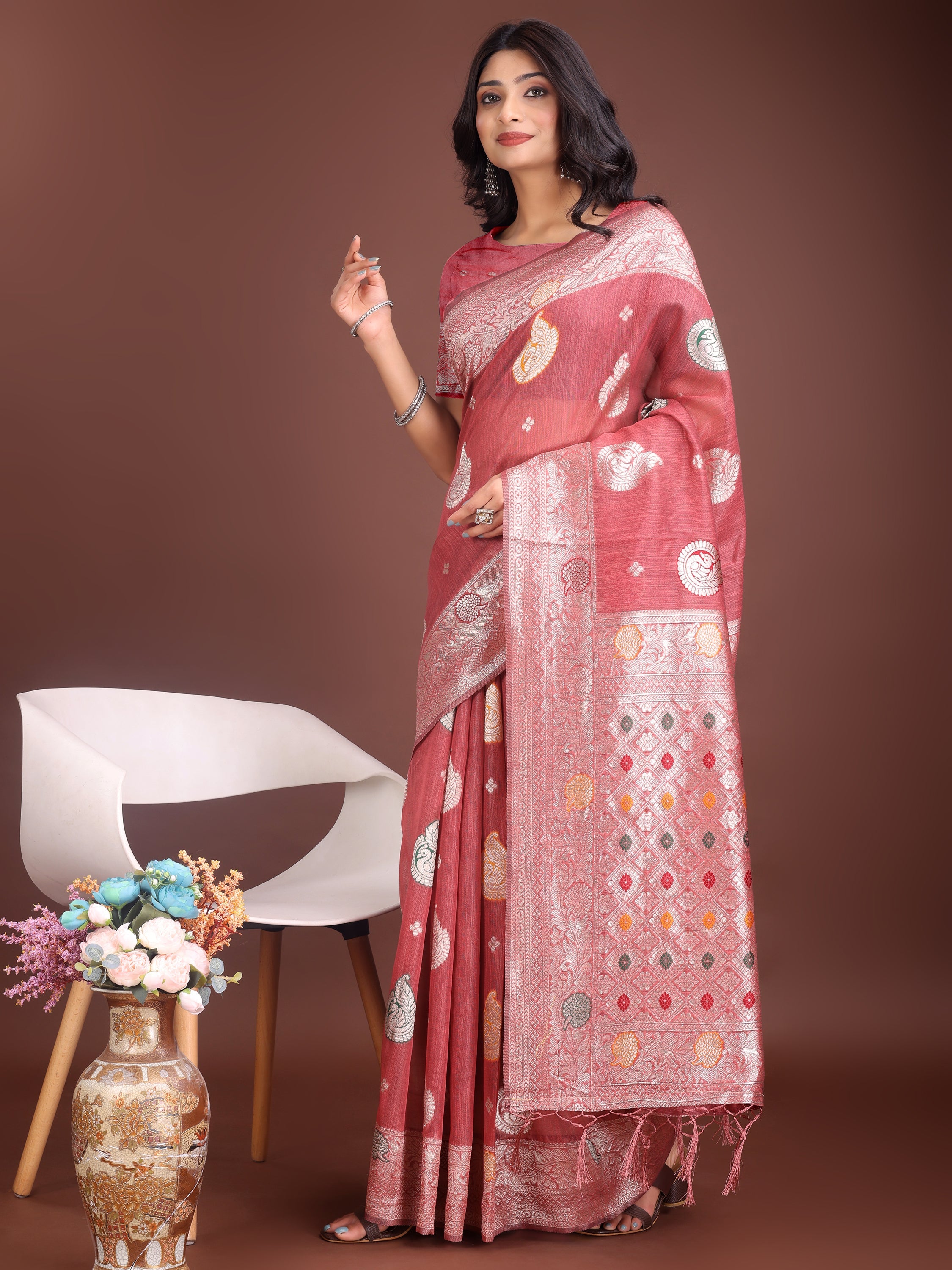 Anaita Pink Linen Cotton With Jacquard Work And Zari Weaving Saree With Blouse | Grocsy