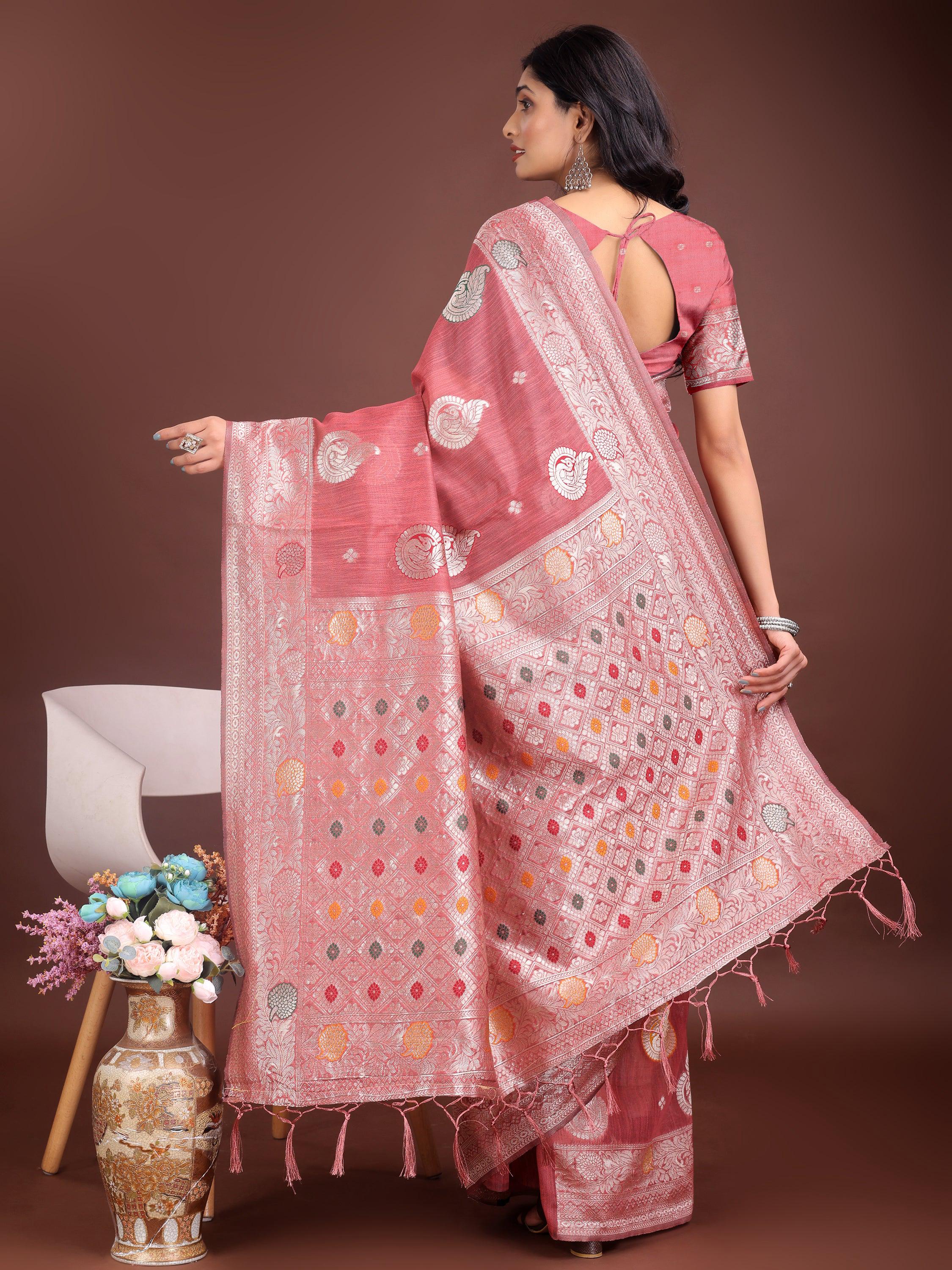 Anaita Pink Linen Cotton With Jacquard Work And Zari Weaving Saree With Blouse | Grocsy