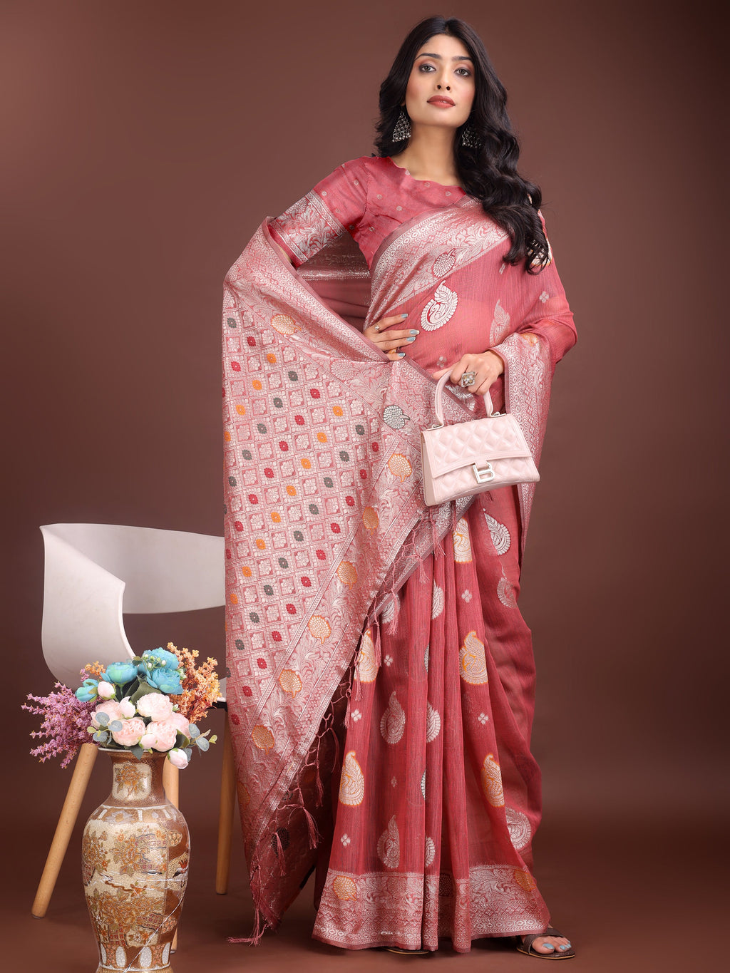 Anaita Pink Linen Cotton With Jacquard Work And Zari Weaving Saree With Blouse | Grocsy