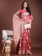 Anaita Pink Linen Cotton With Jacquard Work And Zari Weaving Saree With Blouse | Grocsy