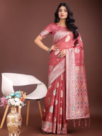 Anaita Pink Linen Cotton With Jacquard Work And Zari Weaving Saree With Blouse | Grocsy