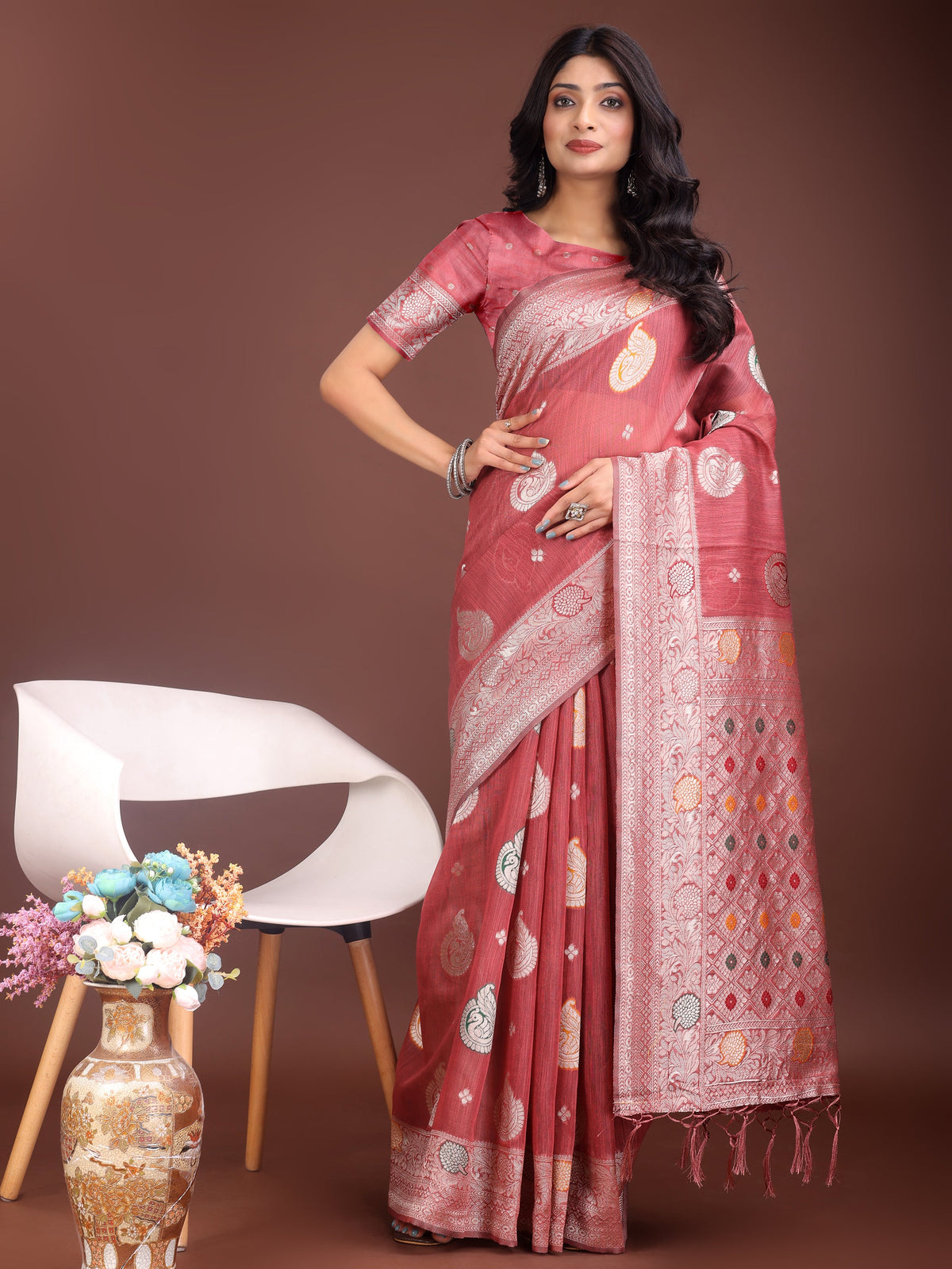 Anaita Pink Linen Cotton With Jacquard Work And Zari Weaving Saree With Blouse | Grocsy