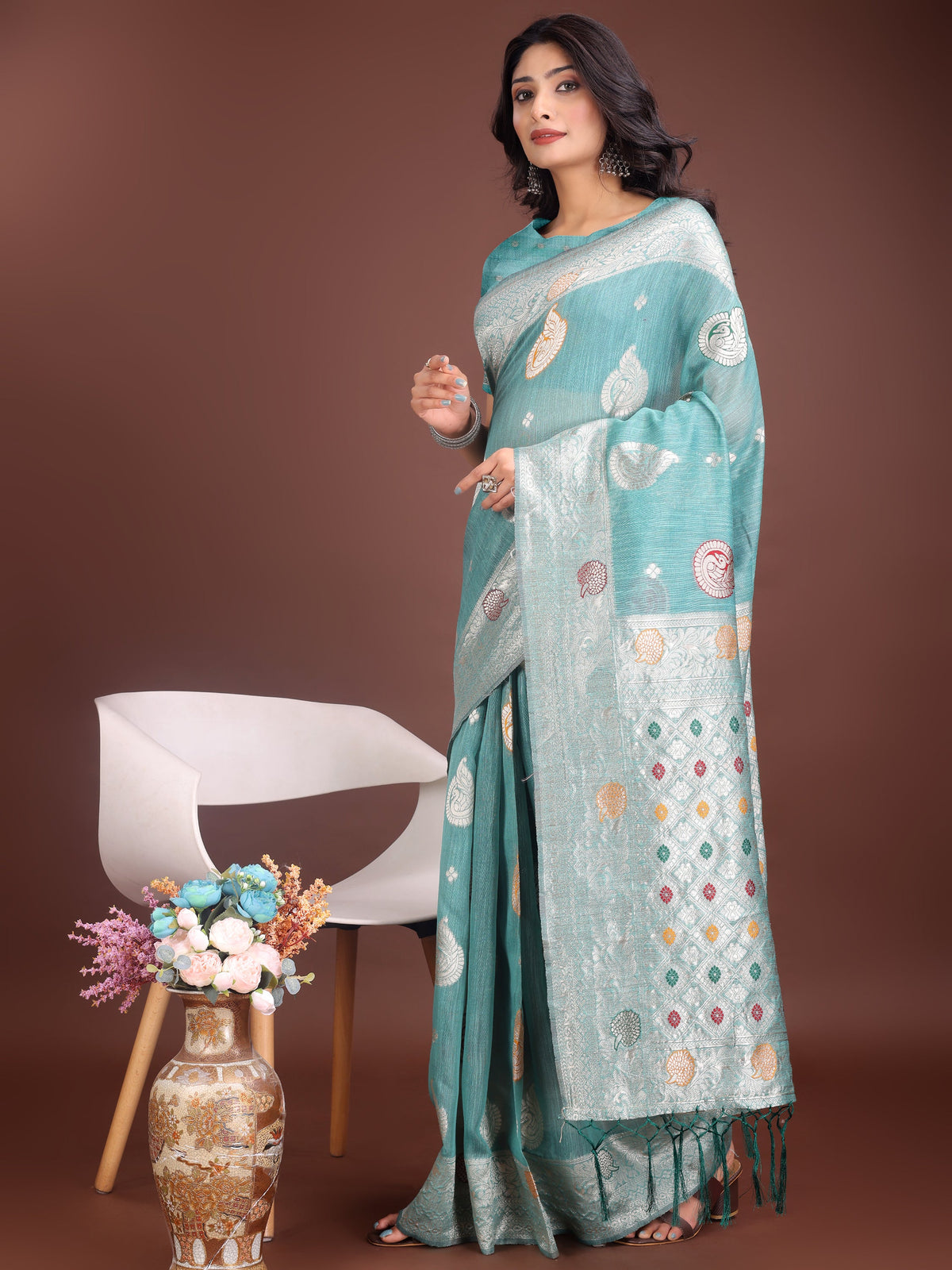 Anaita Sea Green Linen Cotton With Jacquard Work And Zari Weaving Saree With Blouse | Grocsy