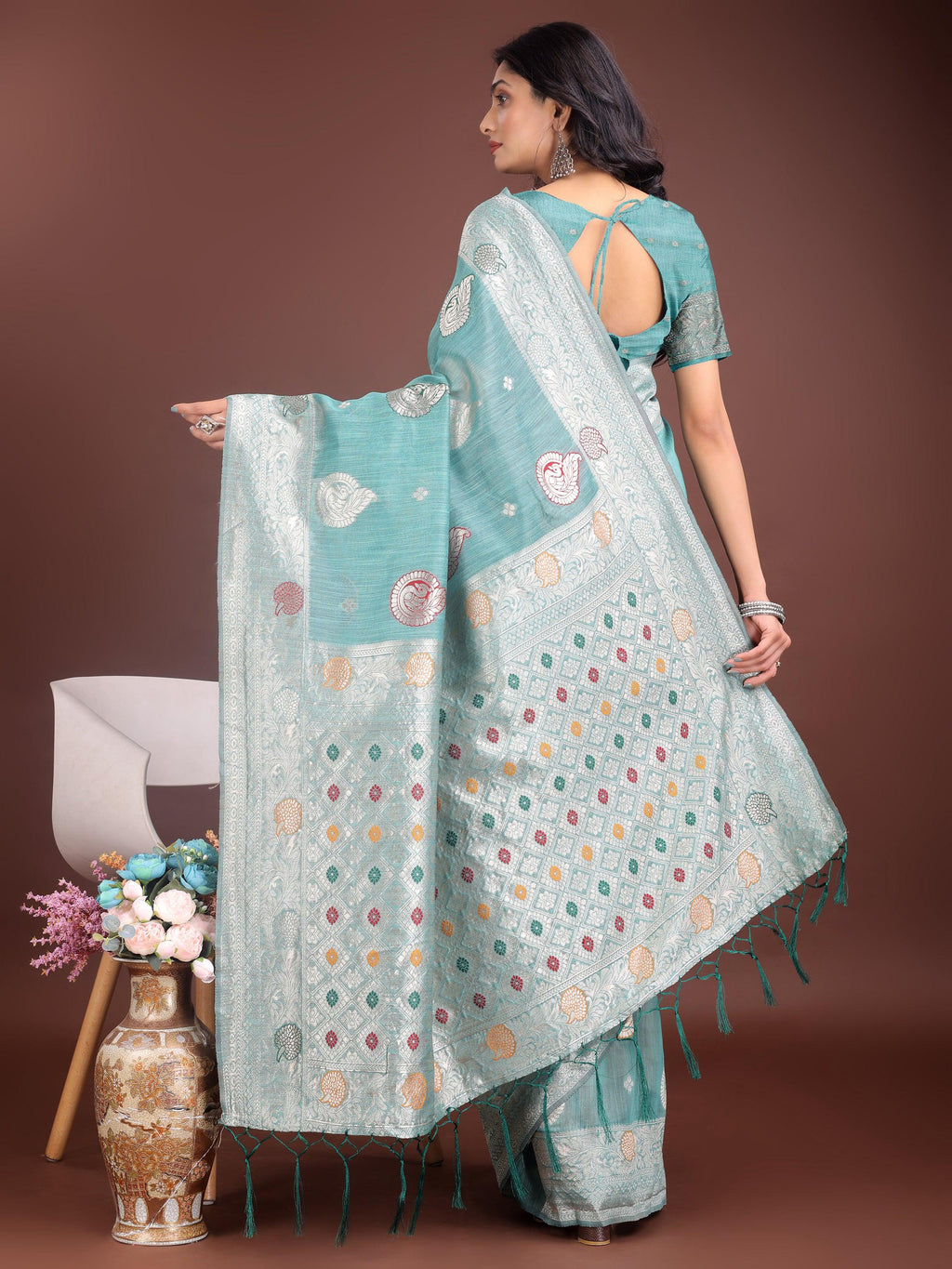 Anaita Sea Green Linen Cotton With Jacquard Work And Zari Weaving Saree With Blouse | Grocsy