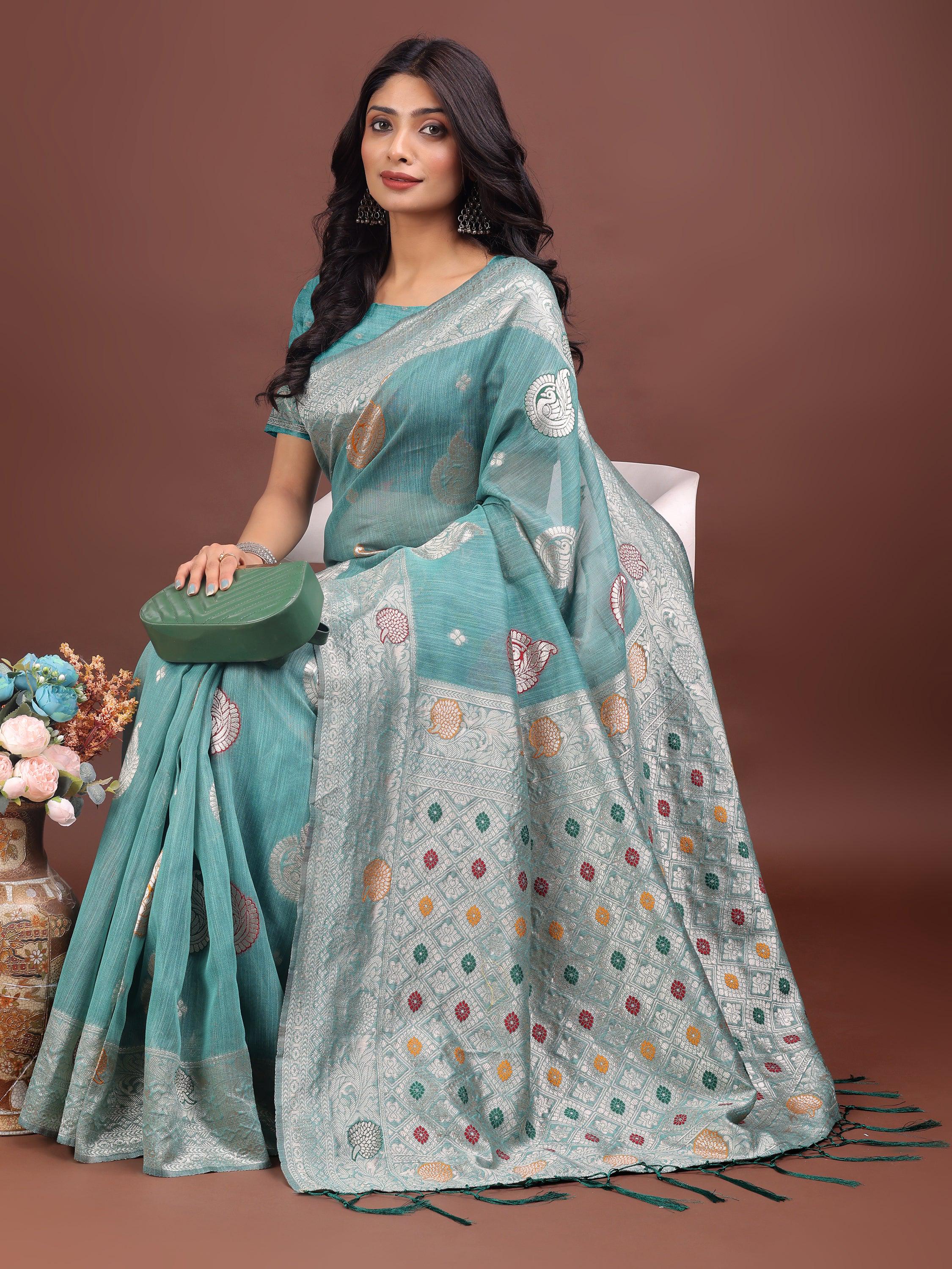 Anaita Sea Green Linen Cotton With Jacquard Work And Zari Weaving Saree With Blouse | Grocsy