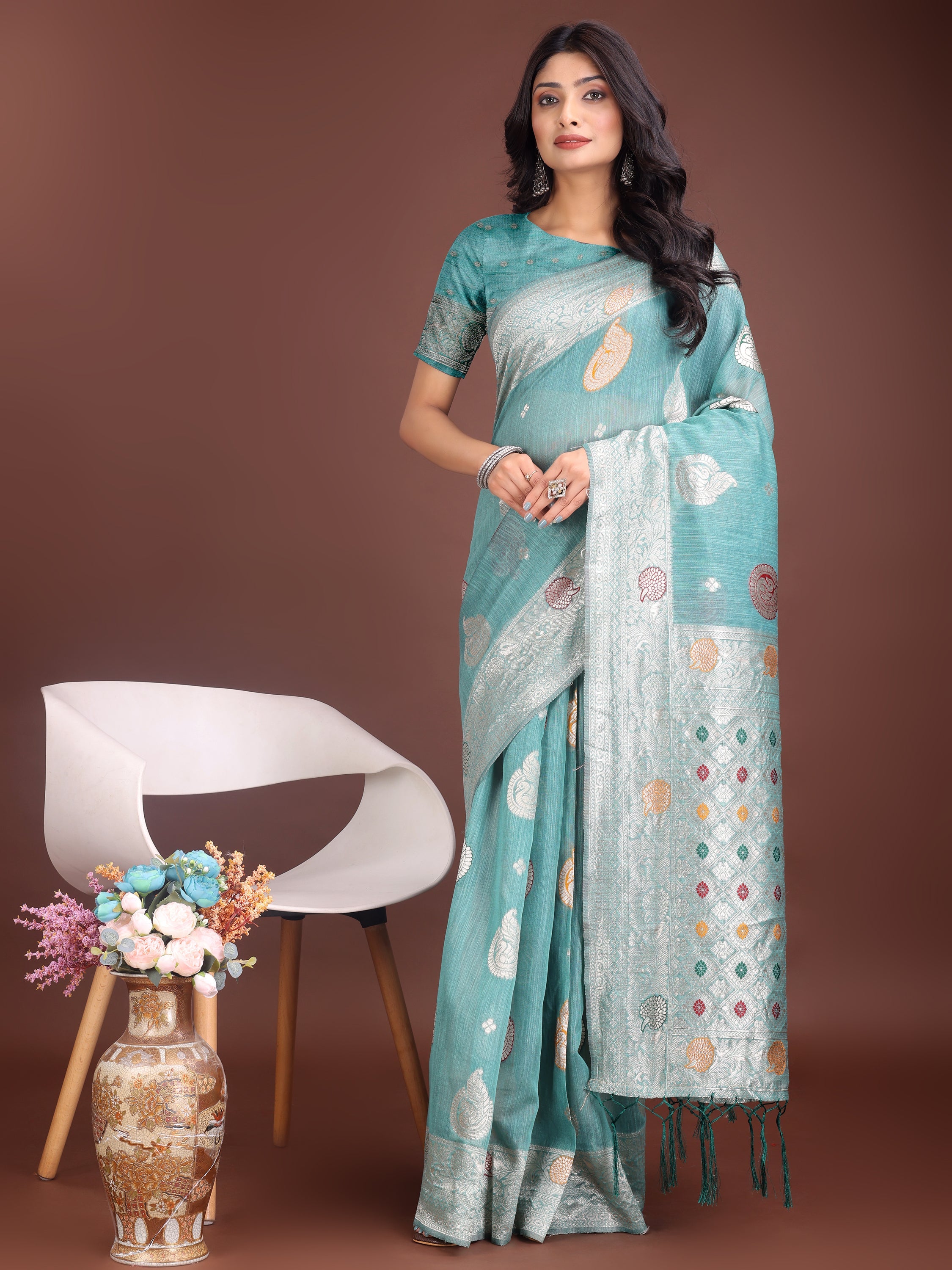 Anaita Sea Green Linen Cotton With Jacquard Work And Zari Weaving Saree With Blouse | Grocsy