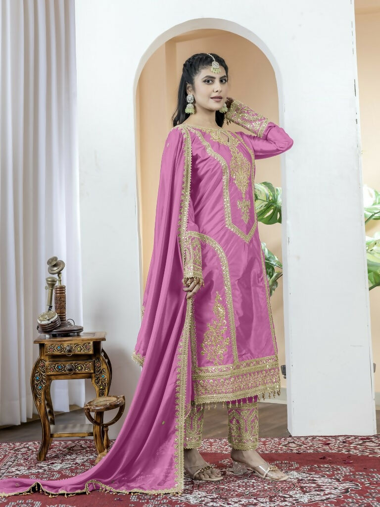 Teeya Creation Baby Pink Color Chinnon Silk Embroidery Work Fully Stitched Salwar Suit | Grocsy