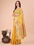 Anaita Yellow Linen Cotton With Jacquard Work And Zari Weaving Saree With Blouse | Grocsy