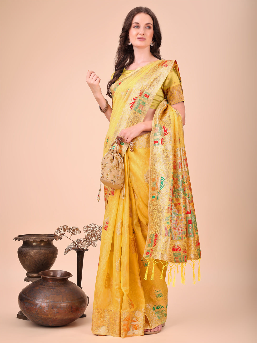 Anaita Yellow Linen Cotton With Jacquard Work And Zari Weaving Saree With Blouse | Grocsy