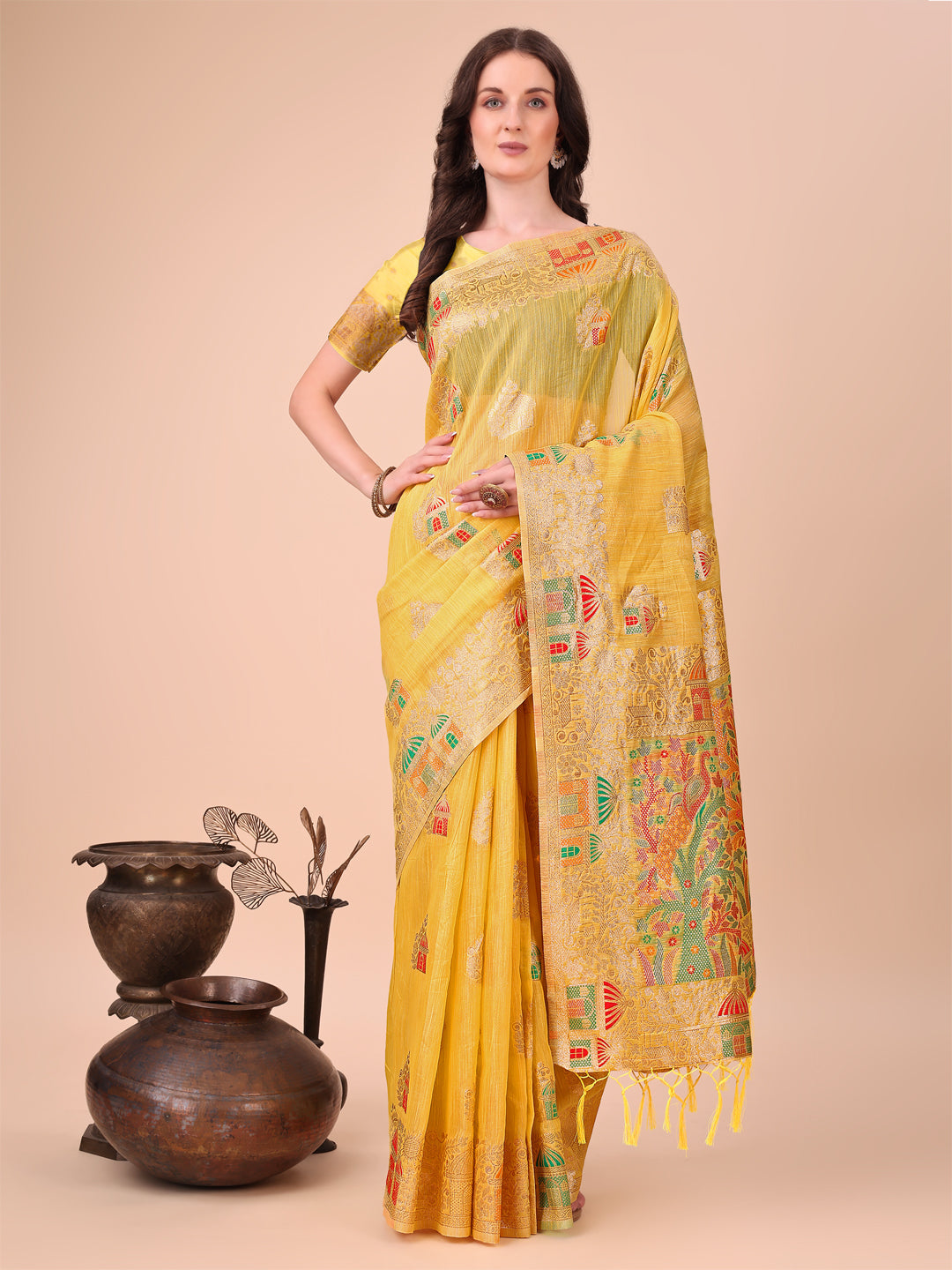 Anaita Yellow Linen Cotton With Jacquard Work And Zari Weaving Saree With Blouse | Grocsy