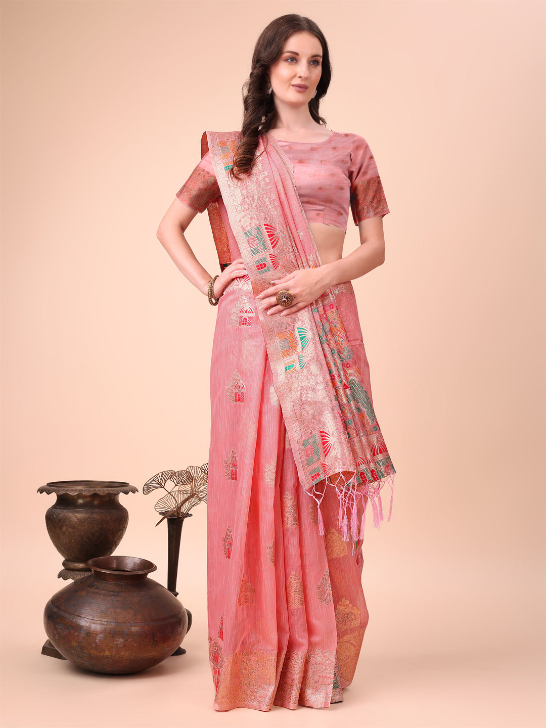 Anaita Pink Linen Cotton With Jacquard Work And Zari Weaving Saree With Blouse | Grocsy