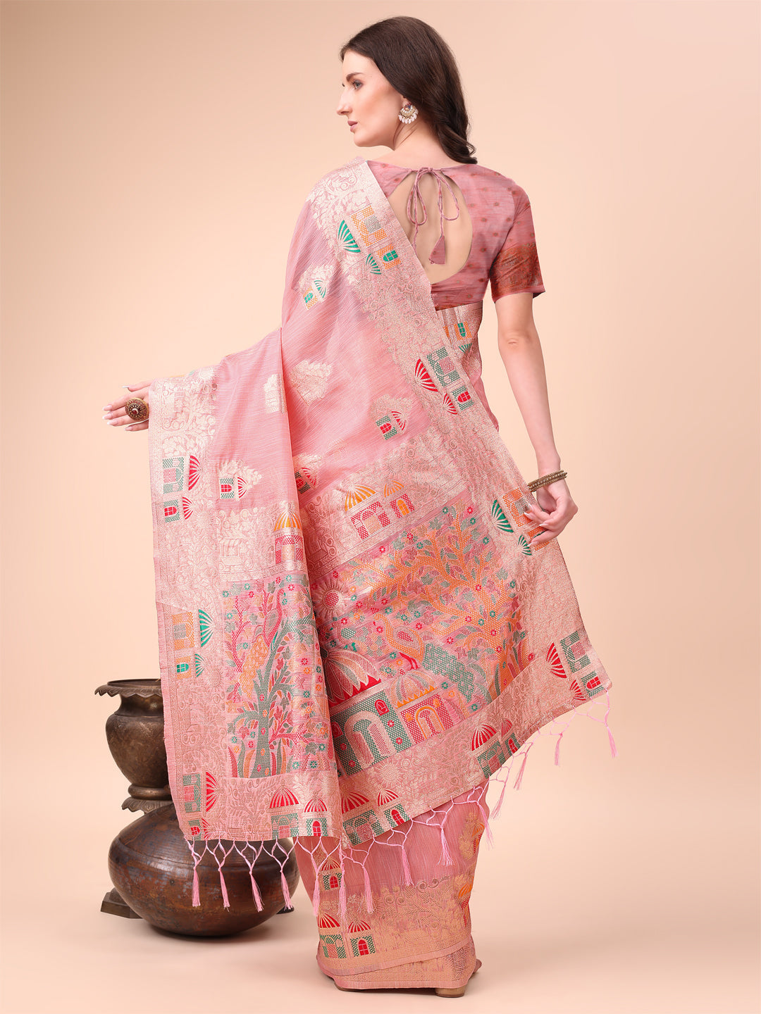 Anaita Pink Linen Cotton With Jacquard Work And Zari Weaving Saree With Blouse | Grocsy