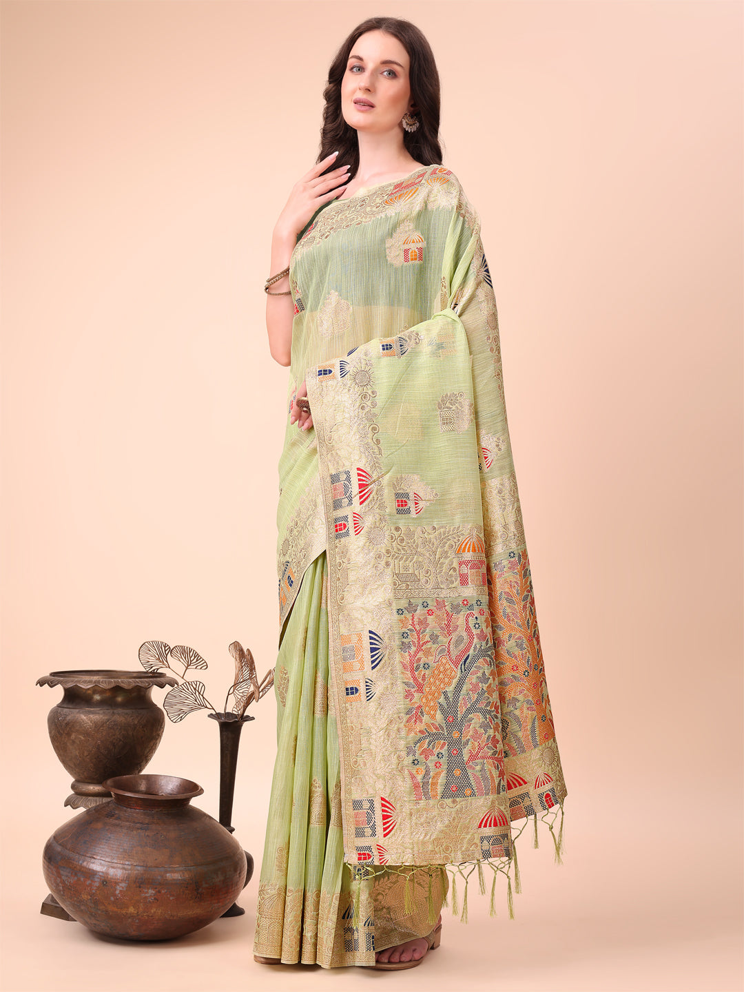 Anaita Light Green Linen Cotton With Jacquard Work And Zari Weaving Saree With Blouse | Grocsy