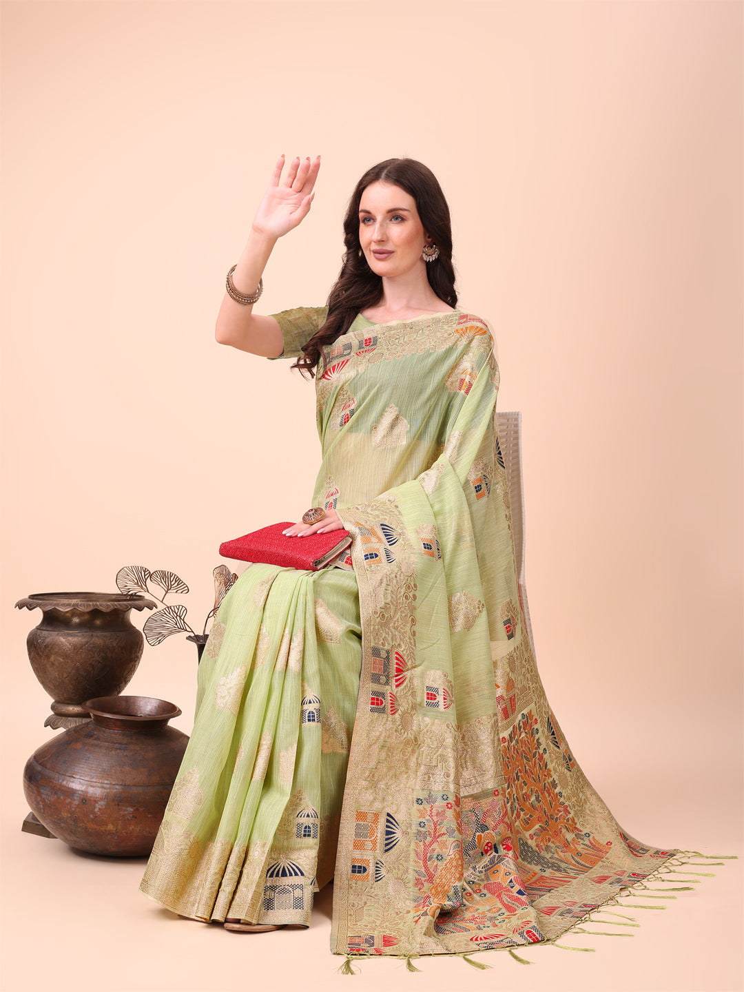 Anaita Light Green Linen Cotton With Jacquard Work And Zari Weaving Saree With Blouse | Grocsy