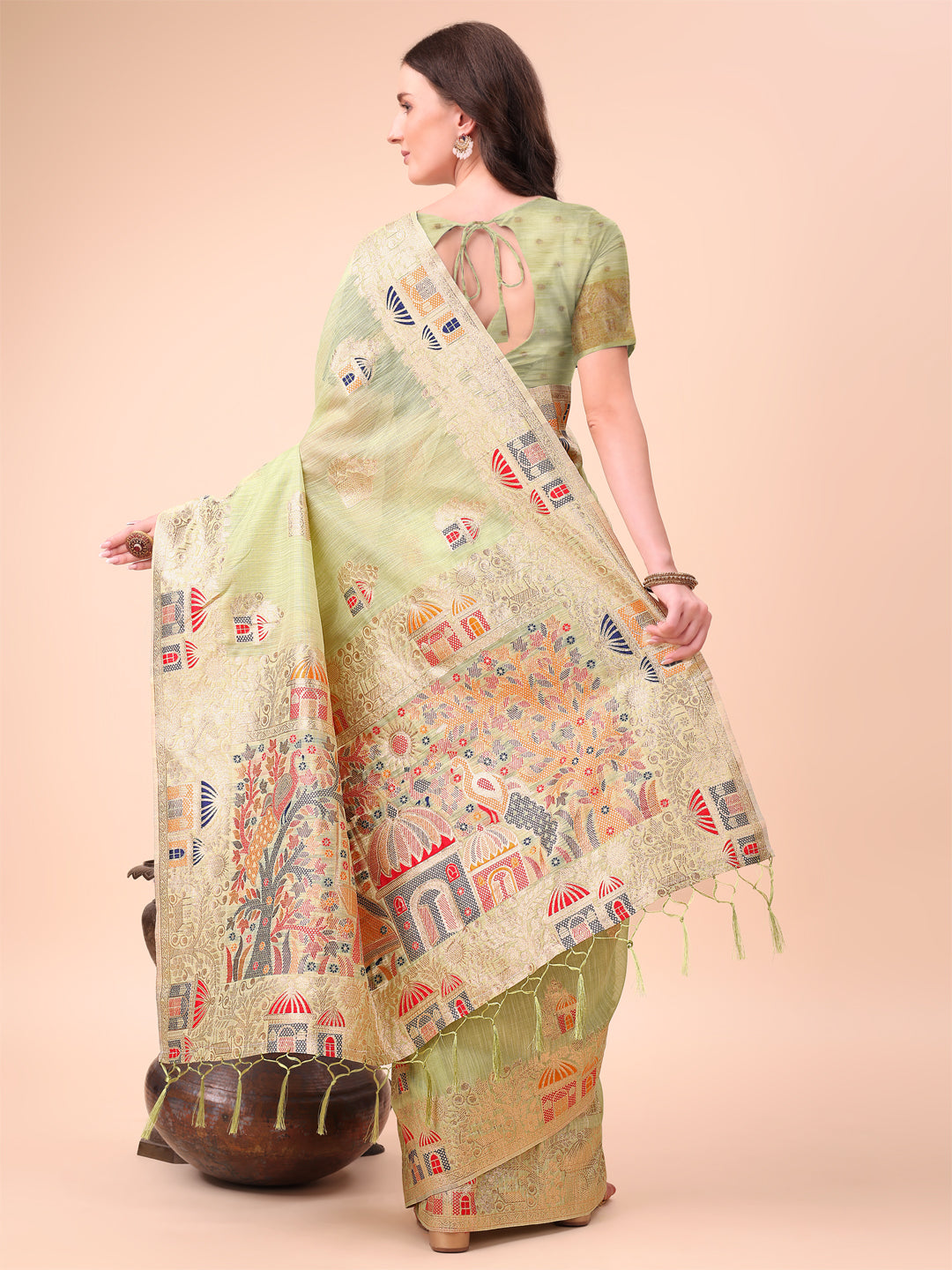 Anaita Light Green Linen Cotton With Jacquard Work And Zari Weaving Saree With Blouse | Grocsy