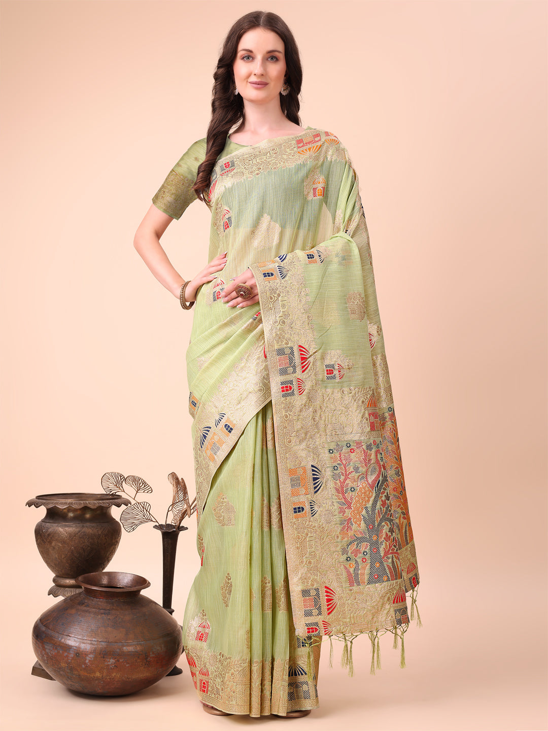 Anaita Light Green Linen Cotton With Jacquard Work And Zari Weaving Saree With Blouse | Grocsy