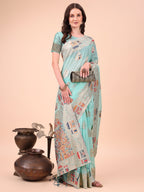 Anaita Sky Blue Linen Cotton With Jacquard Work And Zari Weaving Saree With Blouse | Grocsy