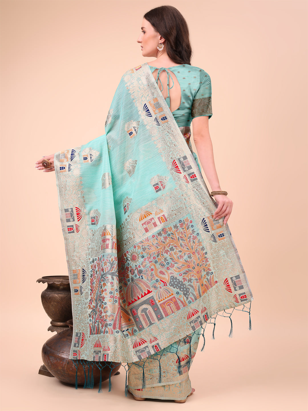 Anaita Sky Blue Linen Cotton With Jacquard Work And Zari Weaving Saree With Blouse | Grocsy