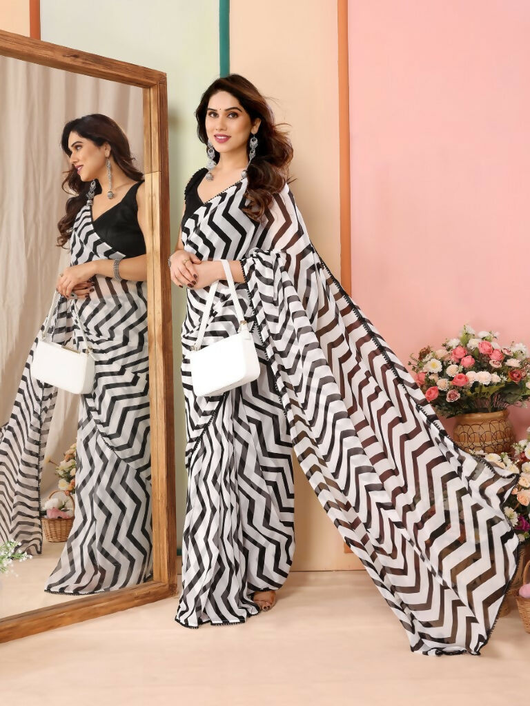 Partywear Designer Black & White Georgette Fancy Saree - Satrangi | Grocsy