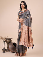 Anaita Grey Linen Cotton With Jacquard Work And Zari Weaving Saree With Blouse | Grocsy