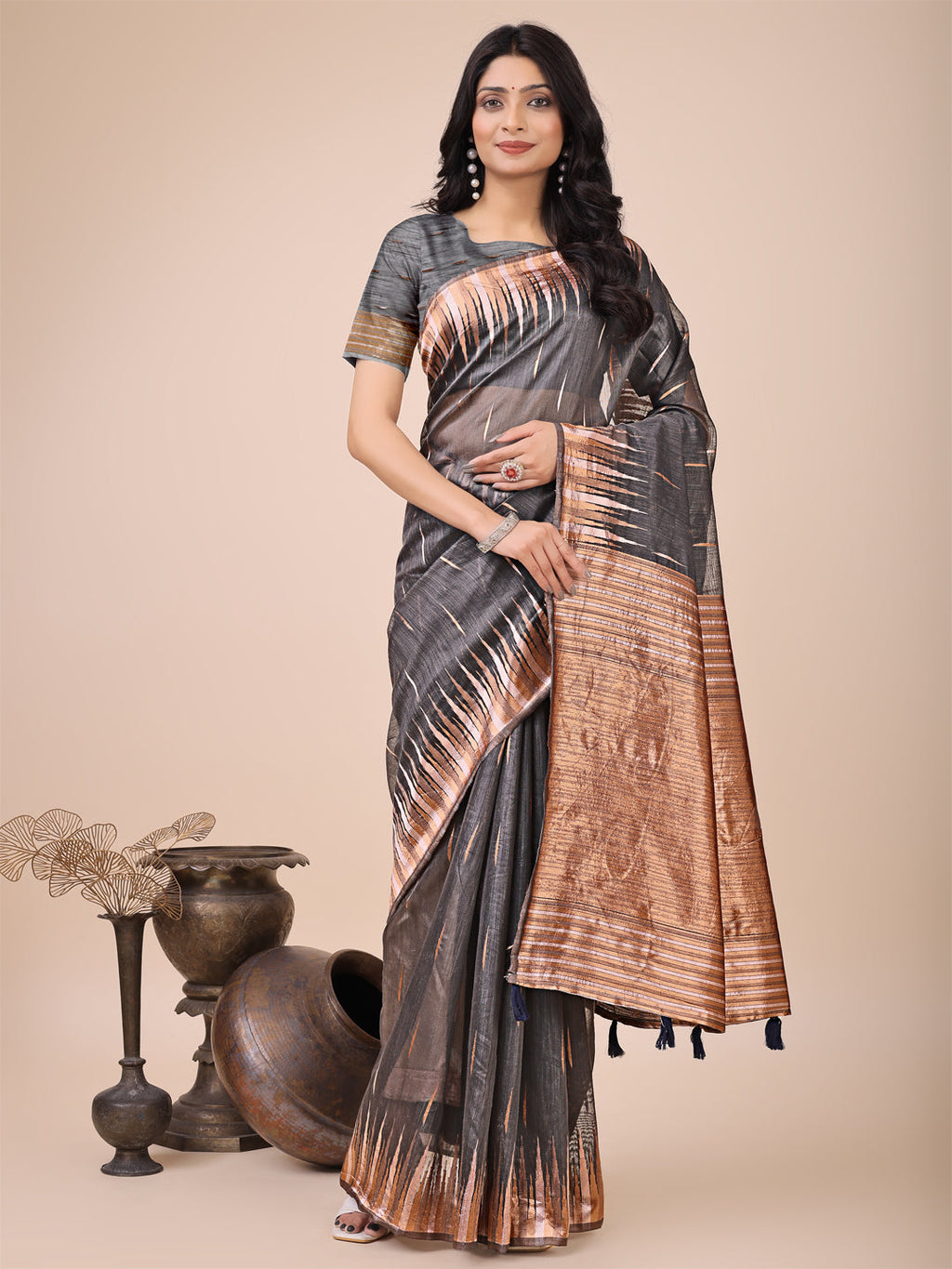 Anaita Grey Linen Cotton With Jacquard Work And Zari Weaving Saree With Blouse | Grocsy
