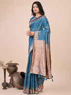 Anaita Blue Linen Cotton With Jacquard Work And Zari Weaving Saree With Blouse | Grocsy