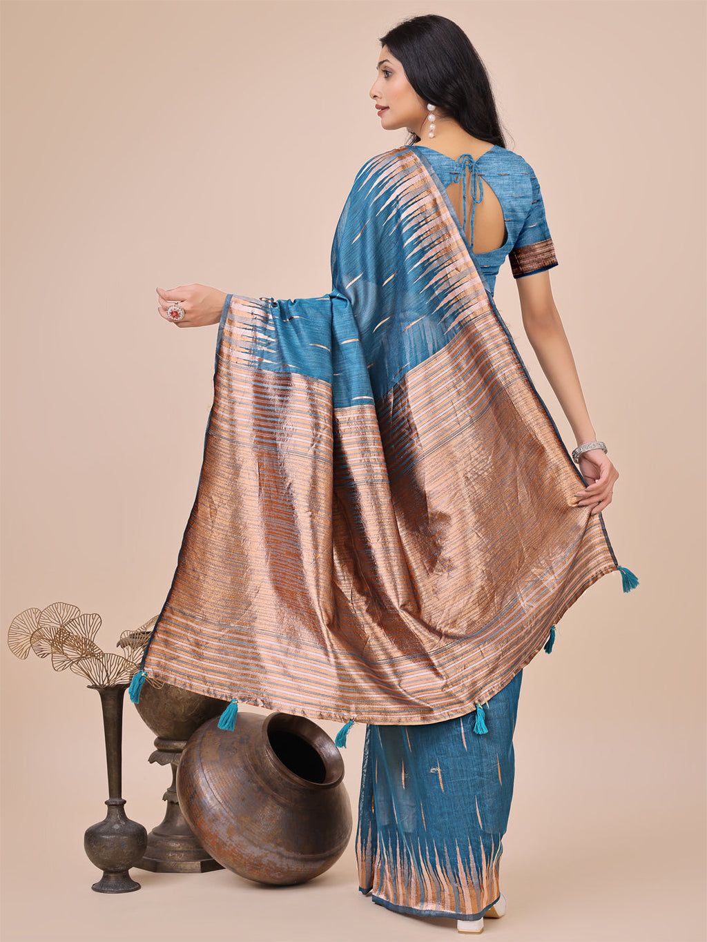 Anaita Blue Linen Cotton With Jacquard Work And Zari Weaving Saree With Blouse | Grocsy