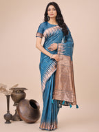Anaita Blue Linen Cotton With Jacquard Work And Zari Weaving Saree With Blouse | Grocsy