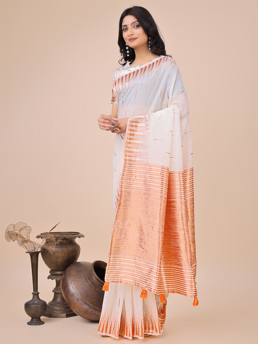 Anaita White Linen Cotton With Jacquard Work And Zari Weaving Saree With Blouse | Grocsy
