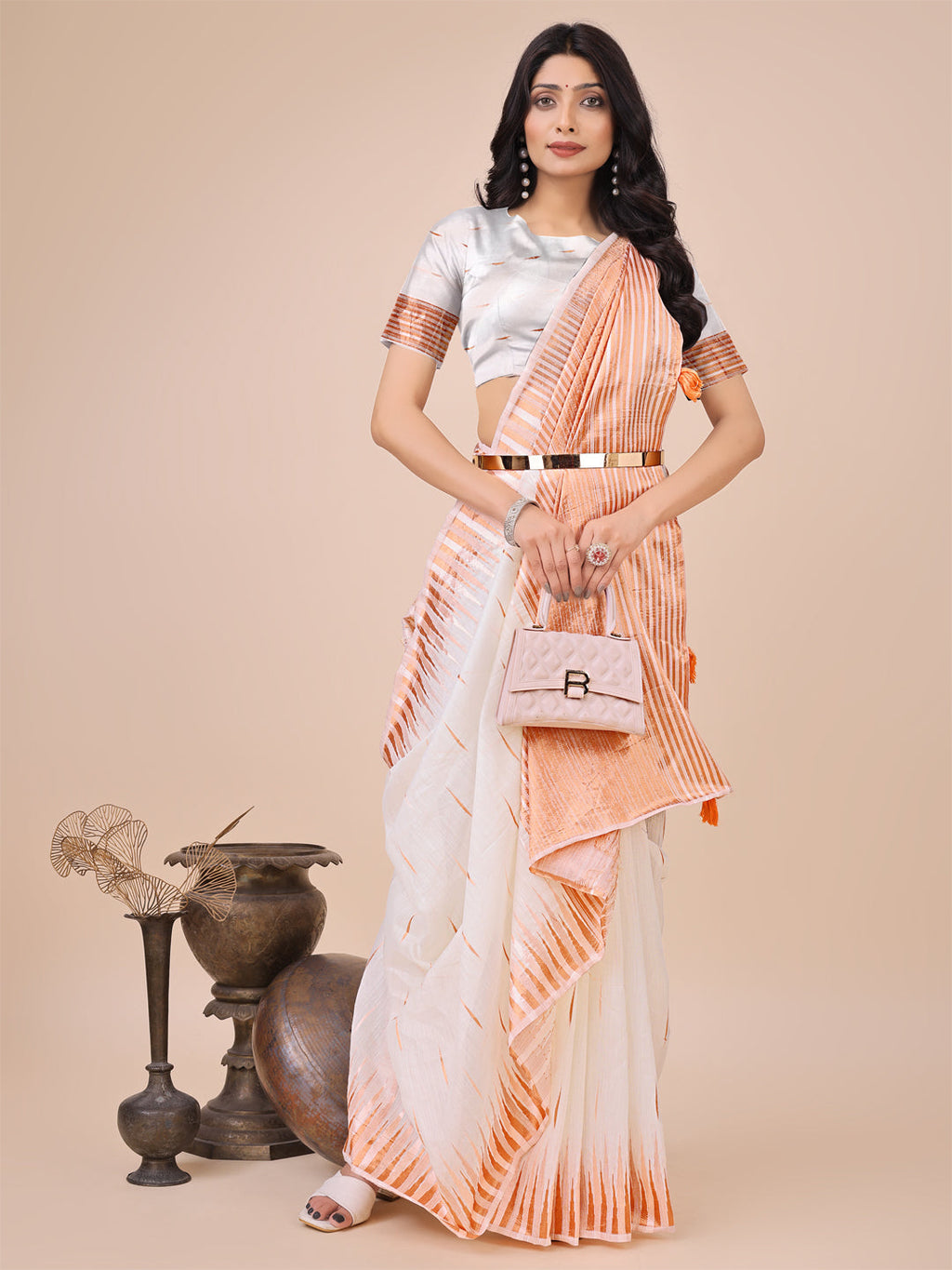 Anaita White Linen Cotton With Jacquard Work And Zari Weaving Saree With Blouse | Grocsy
