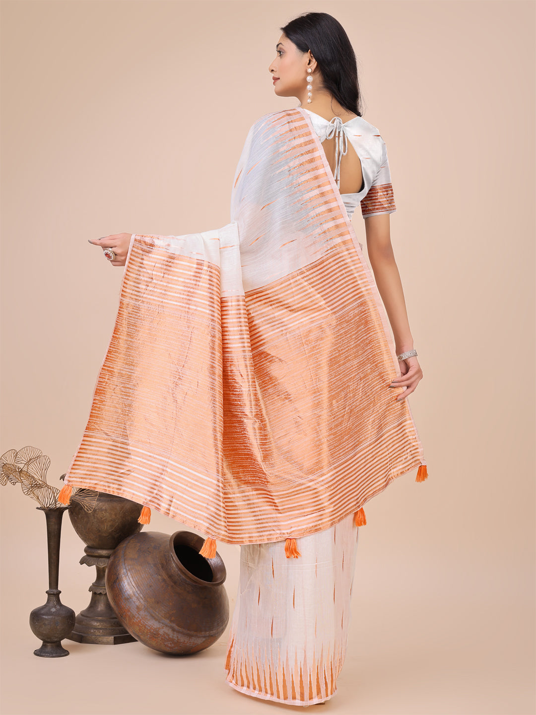 Anaita White Linen Cotton With Jacquard Work And Zari Weaving Saree With Blouse | Grocsy