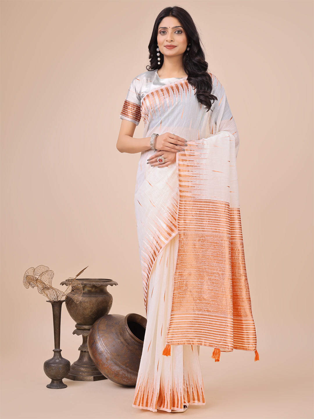 Anaita White Linen Cotton With Jacquard Work And Zari Weaving Saree With Blouse | Grocsy