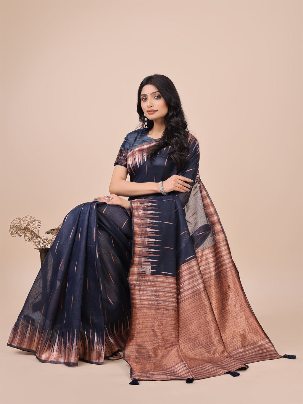 Anaita Navy Blue Linen Cotton With Jacquard Work And Zari Weaving Saree With Blouse | Grocsy