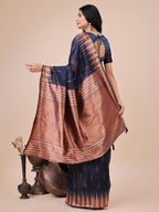 Anaita Navy Blue Linen Cotton With Jacquard Work And Zari Weaving Saree With Blouse | Grocsy